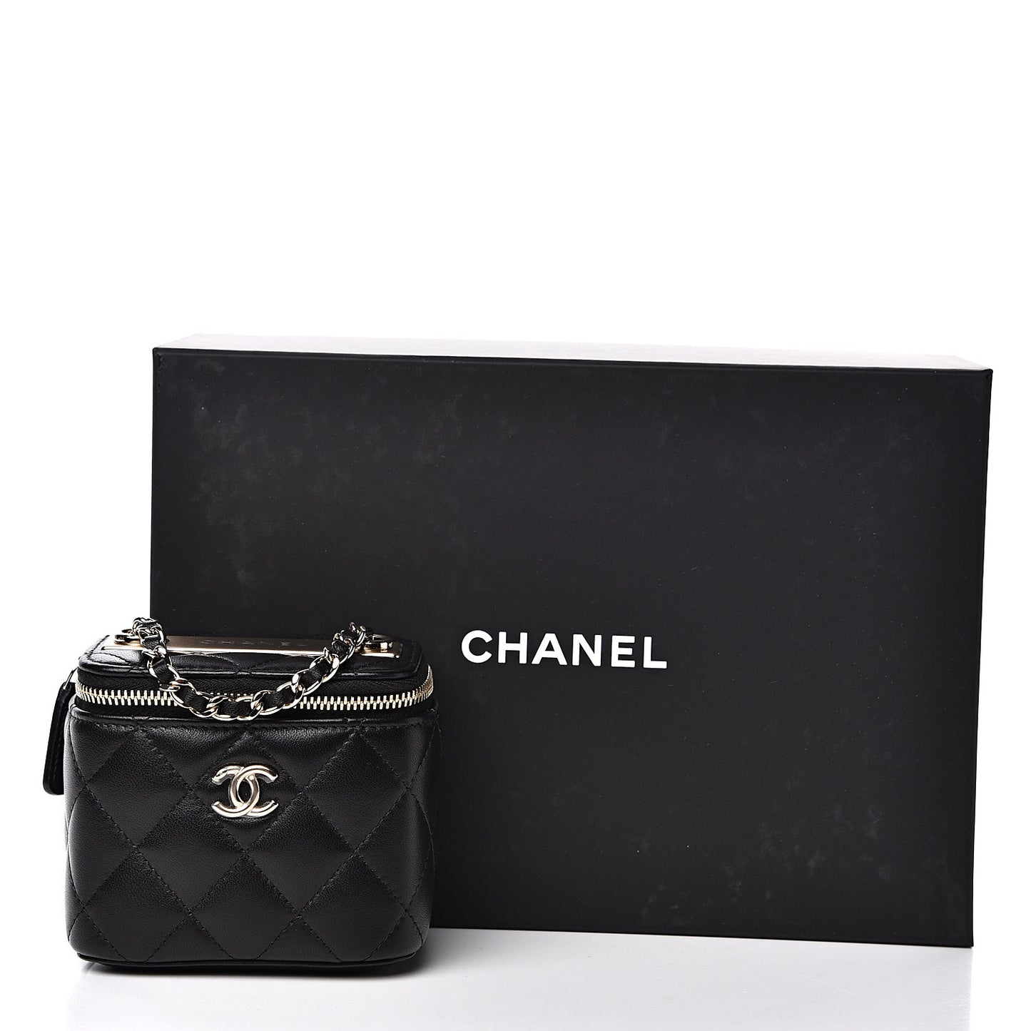 Lambskin Quilted Trendy Mini Vanity Case With Chain Black