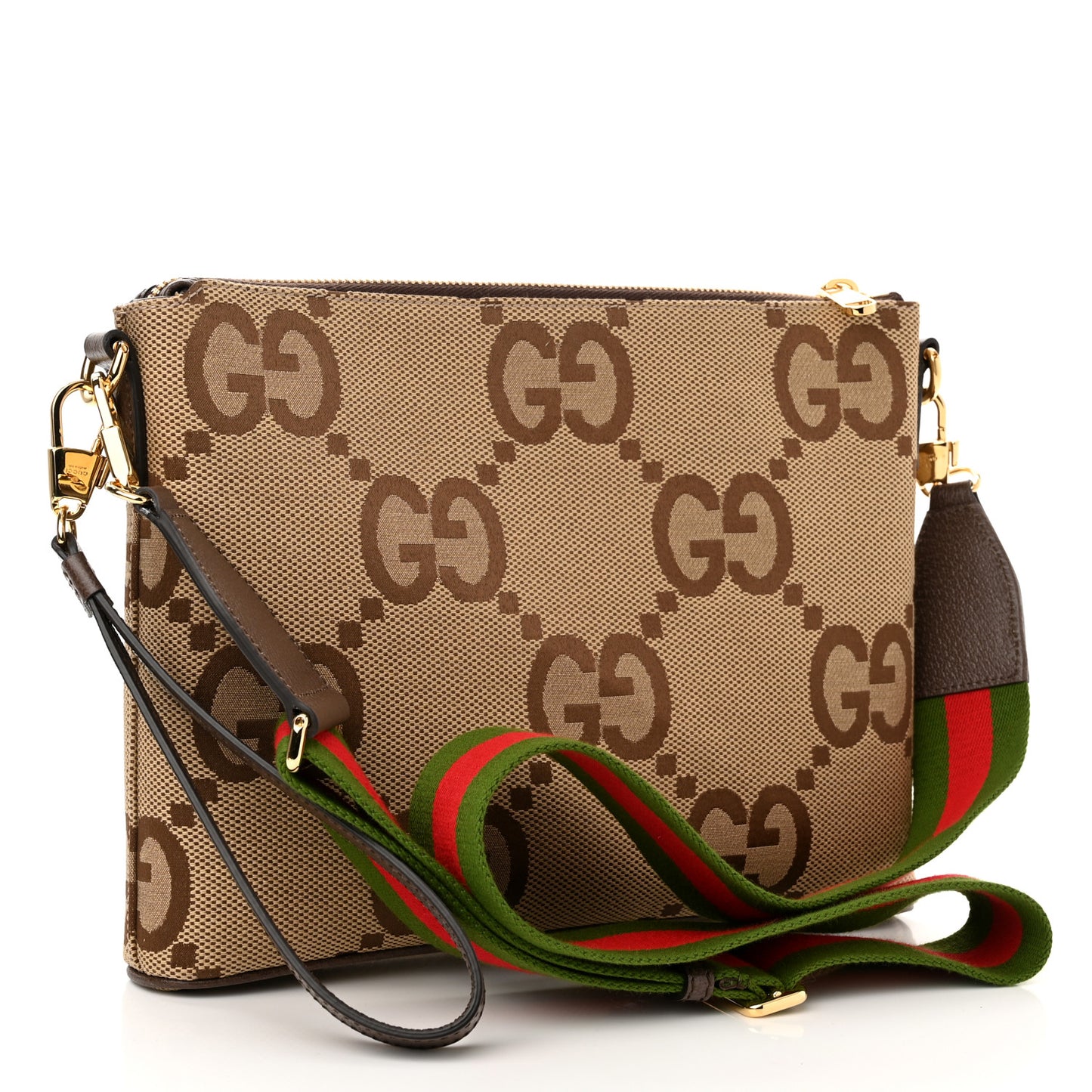 Monogram Jumbo GG Textured Dollar Calfskin Web Wristlet Messenger Bag Camel Ebony New Acero
