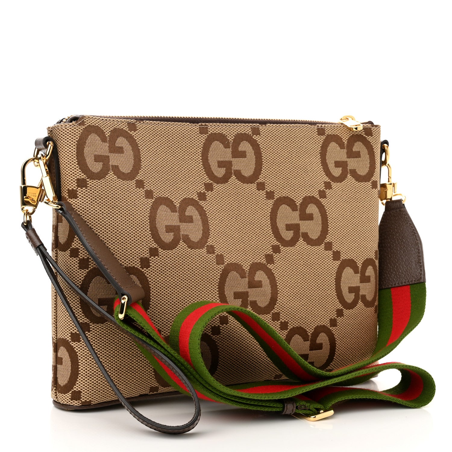Gucci Monogram Jumbo GG Textured Dollar Calfskin Web Wristlet Messenger Bag Camel Ebony New Acero 3 of 11