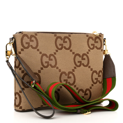 Gucci Monogram Jumbo GG Textured Dollar Calfskin Web Wristlet Messenger Bag Camel Ebony New Acero 3 of 11