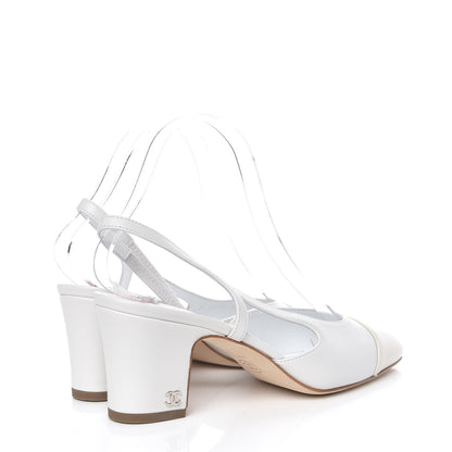 Chanel Lambskin Goatskin Cap Toe CC Slingback Sandals 37 White 4 of 8