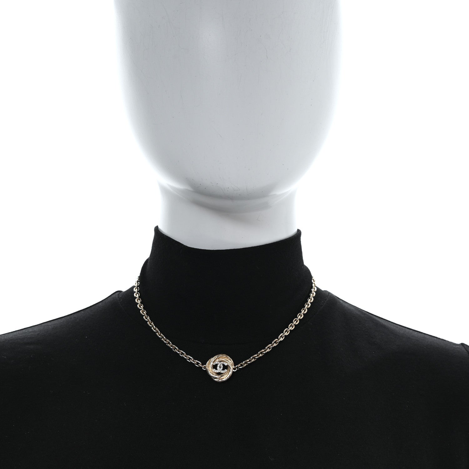 Chanel Metal Crystal CC Choker Necklace Light Gold 2 of 5