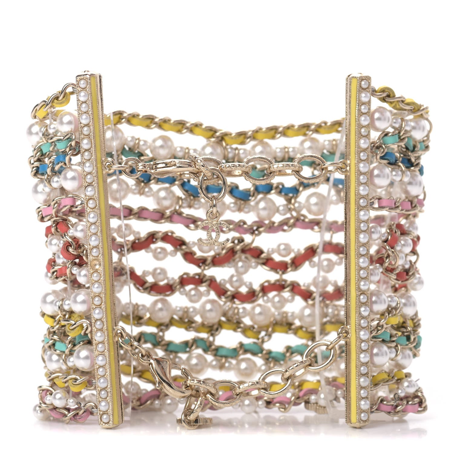 Chanel Metal Lambskin Pearl CC Chain Link Bracelet Gold Pink Multicolor 3 of 5