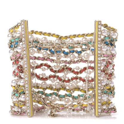Chanel Metal Lambskin Pearl CC Chain Link Bracelet Gold Pink Multicolor 3 of 5