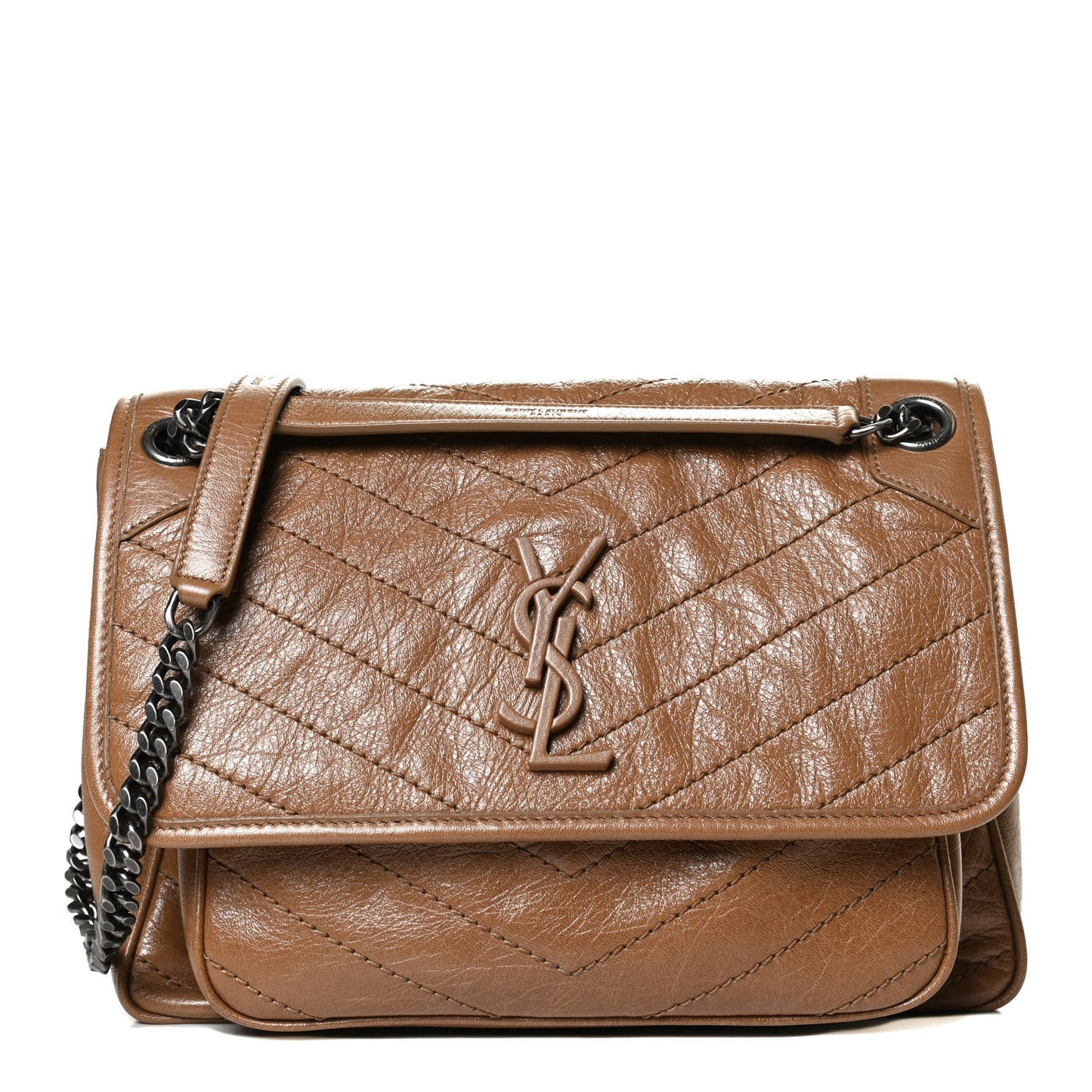 Crinkled Calfskin Matelasse Monogram Medium Niki Chain Satchel Natural Tan