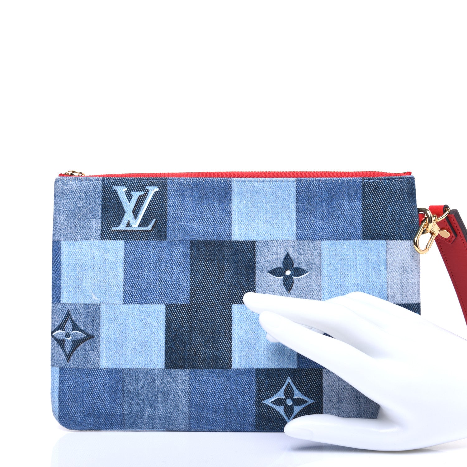 Louis Vuitton Denim Damier Monogram Patchwork Neverfull MM Pochette Bleu Rouge 2 of 10
