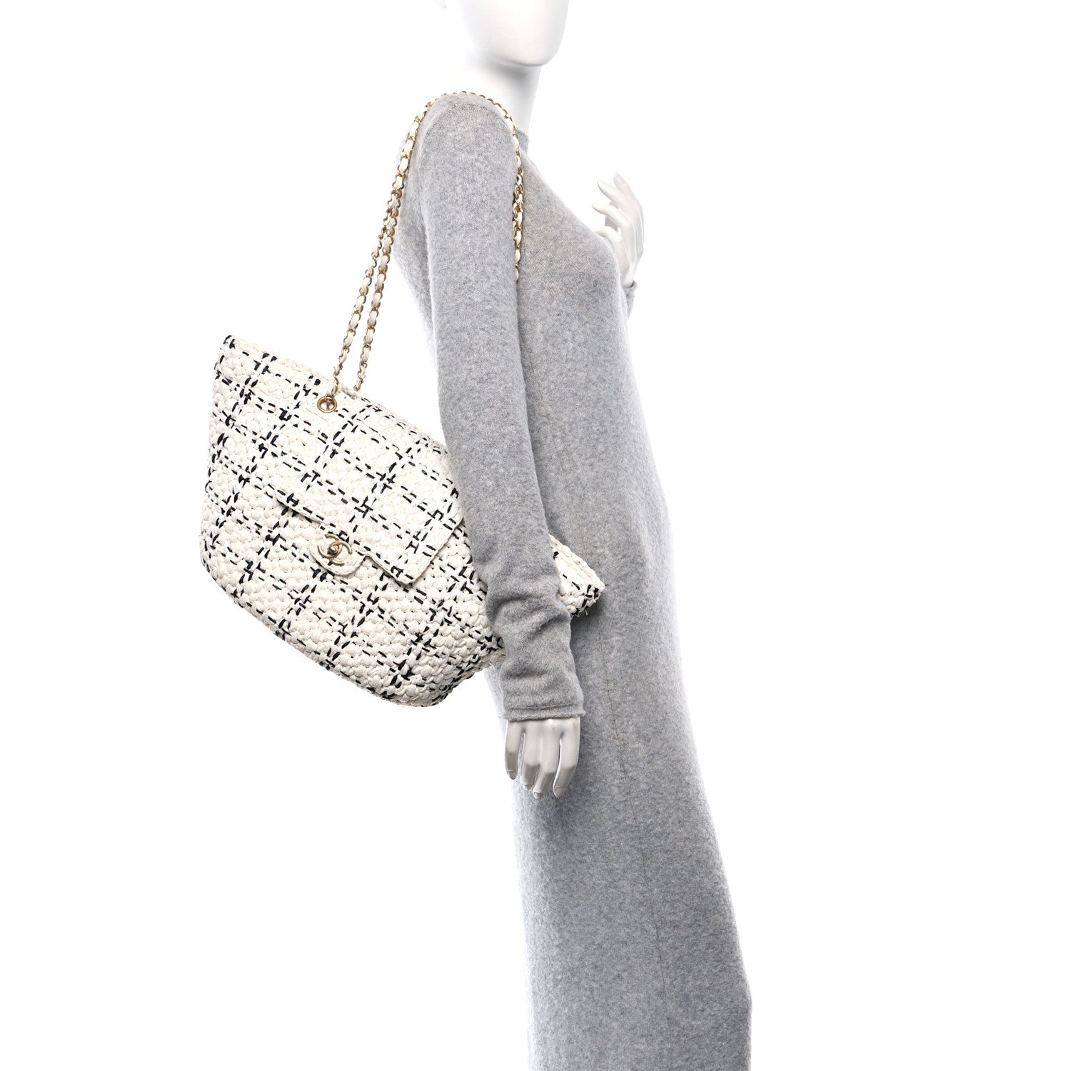 Chanel Raffia Effect Tweed Shopping Tote White Black 2 of 11
