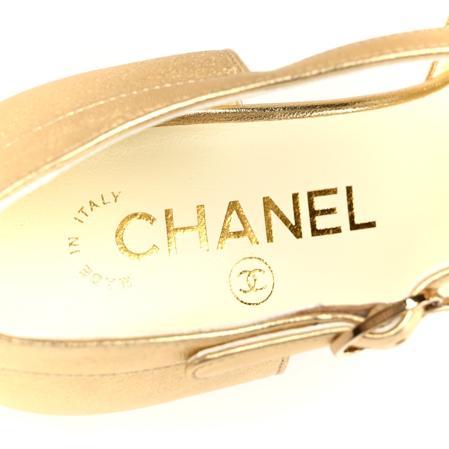 Chanel Laminated Lambskin Cap Toe CC Mary Jane Pumps 37.5 Gold Black 7 of 10