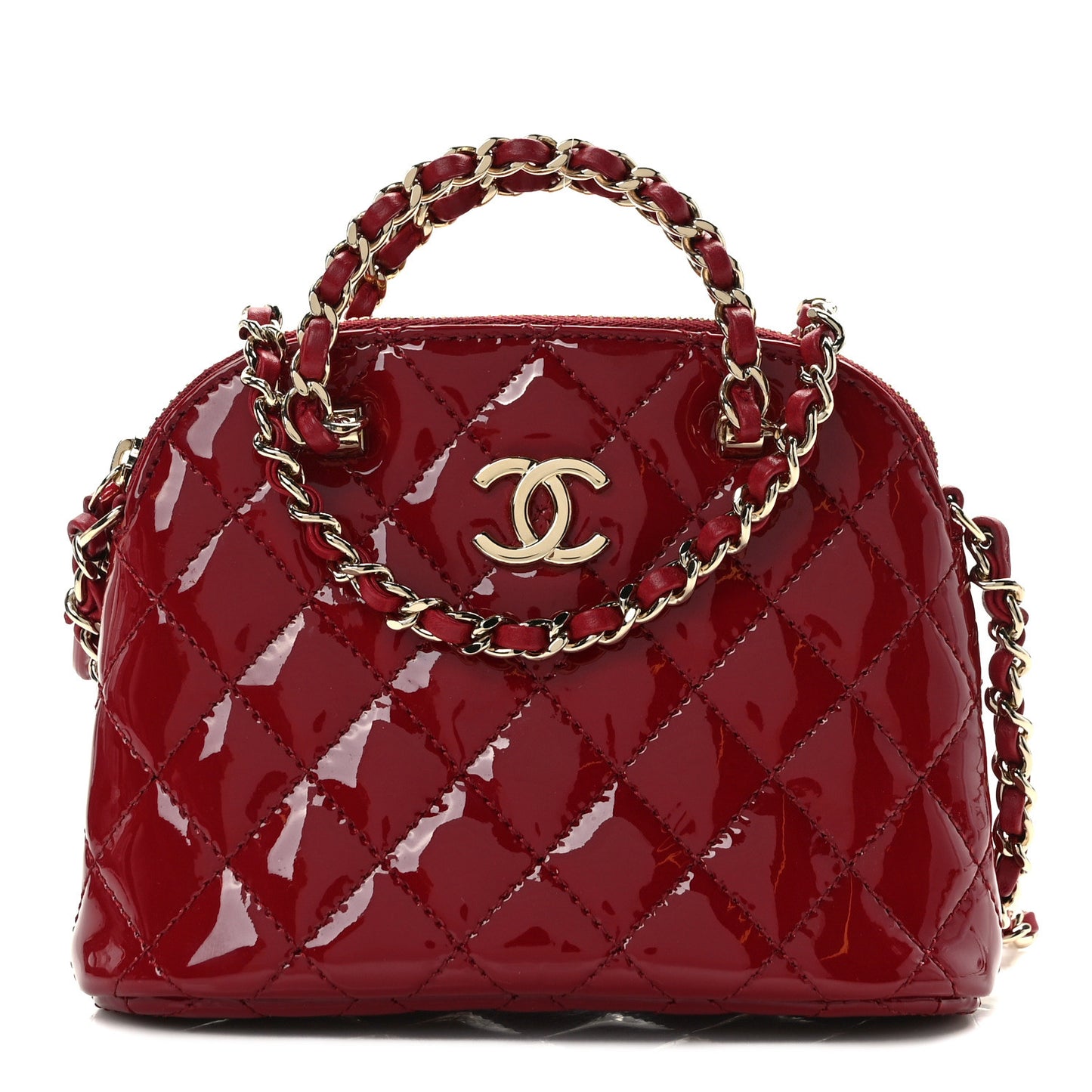 Patent Calfskin Quilted Shiny Coco Clutch With Chain Red