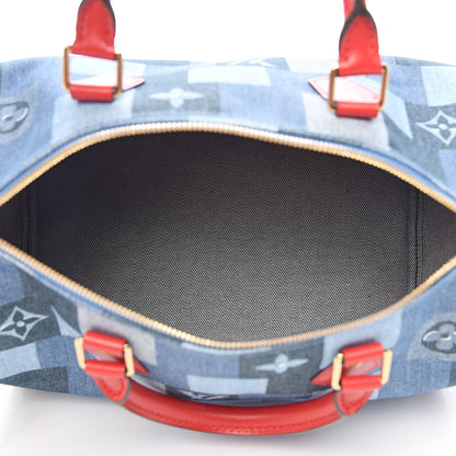 Louis Vuitton Denim Damier Monogram Patchwork Speedy Bandouliere 30 Blue Rouge 5 of 11