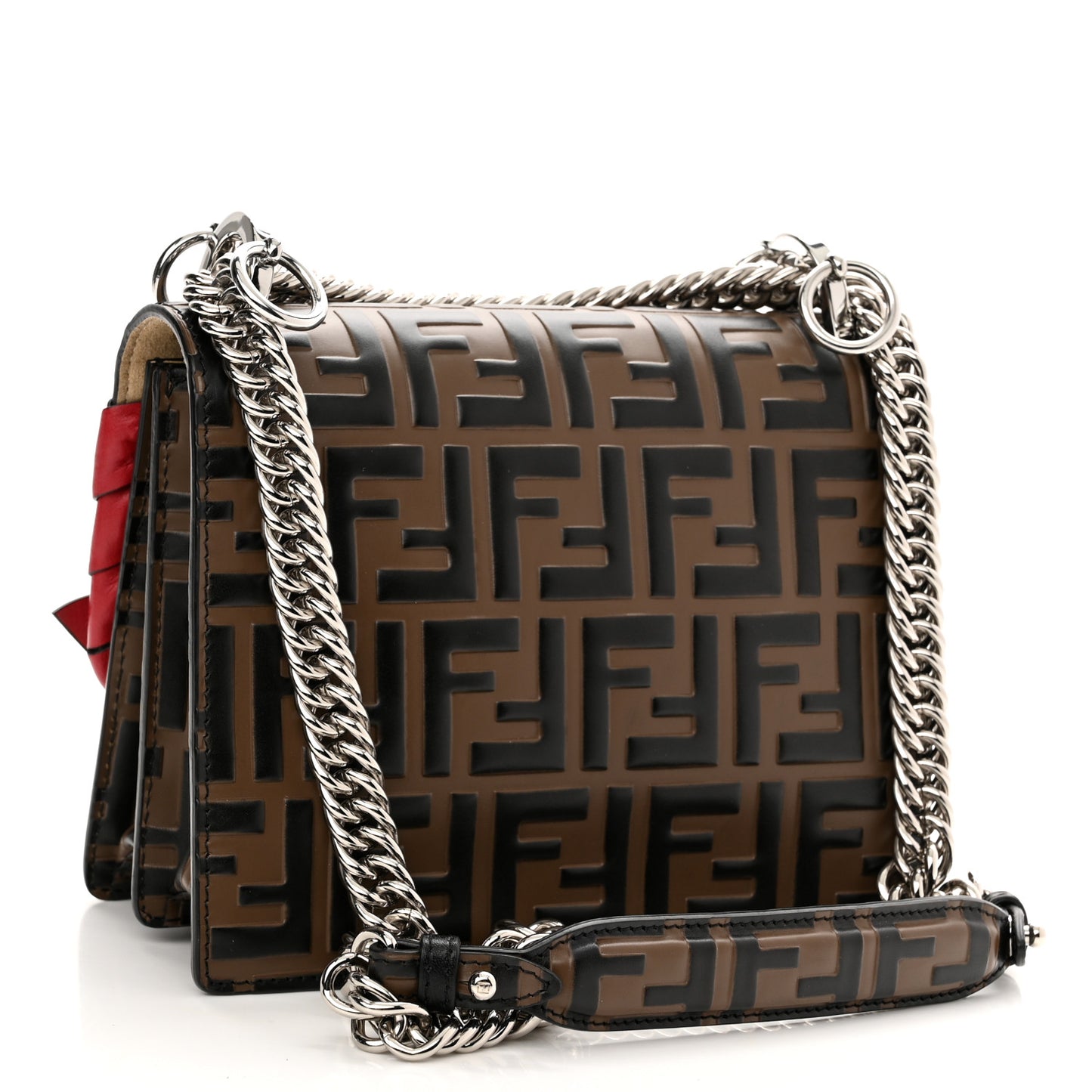 Vitello Shiny Nappa Bi-Color FF 1974 Lace Up Bow Embossed Small Kan I Shoulder Bag Maya Black Fragola