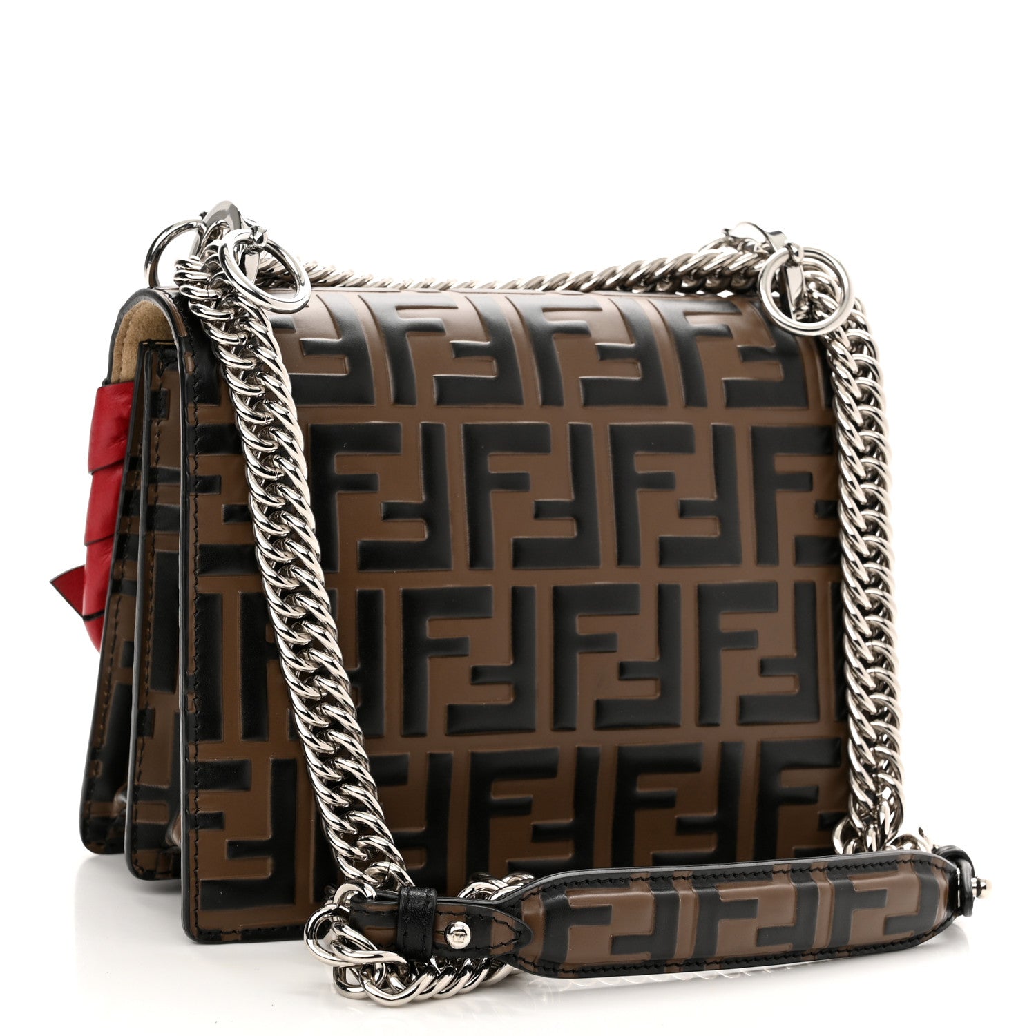 Fendi Vitello Shiny Nappa Bi-Color FF 1974 Lace Up Bow Embossed Small Kan I Shoulder Bag Maya Black Fragola 3 of 11