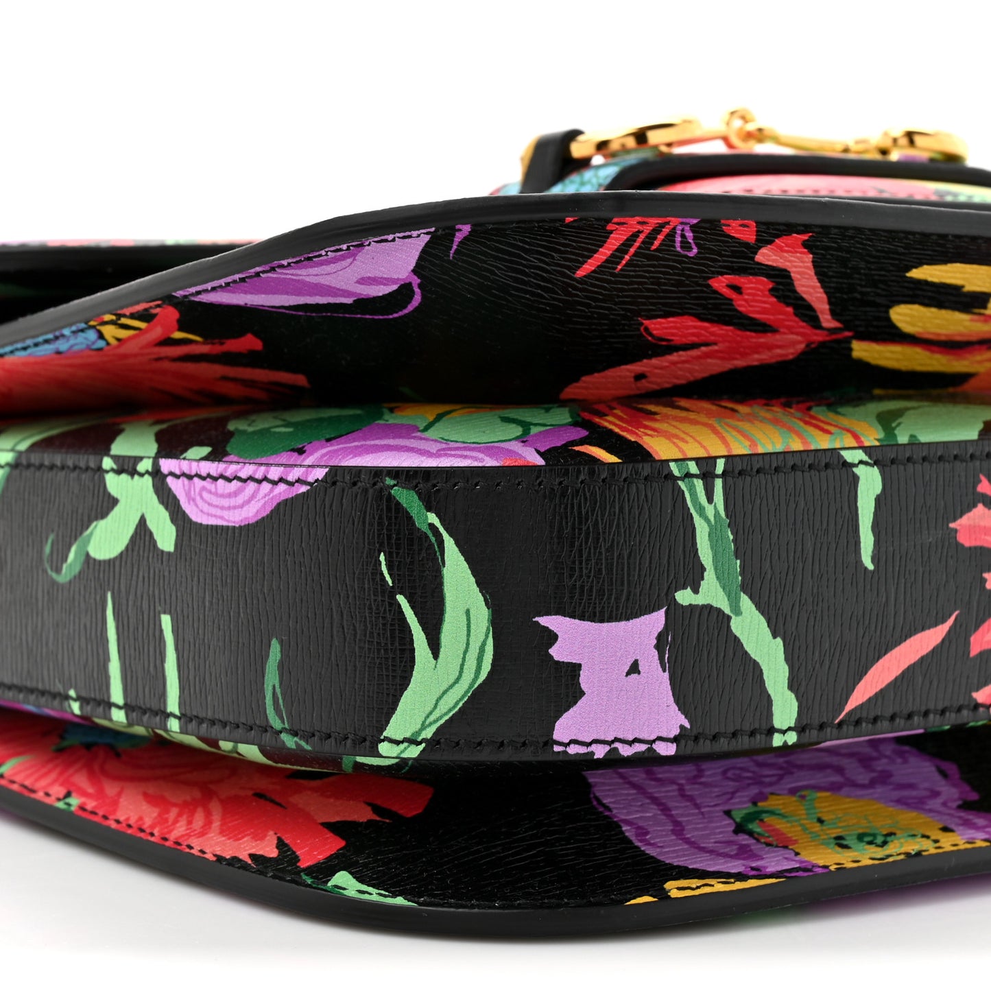 X KEN SCOTT New Shangai Calfskin Jenny Floral Print Horsebit 1955 Shoulder Bag Black Pink