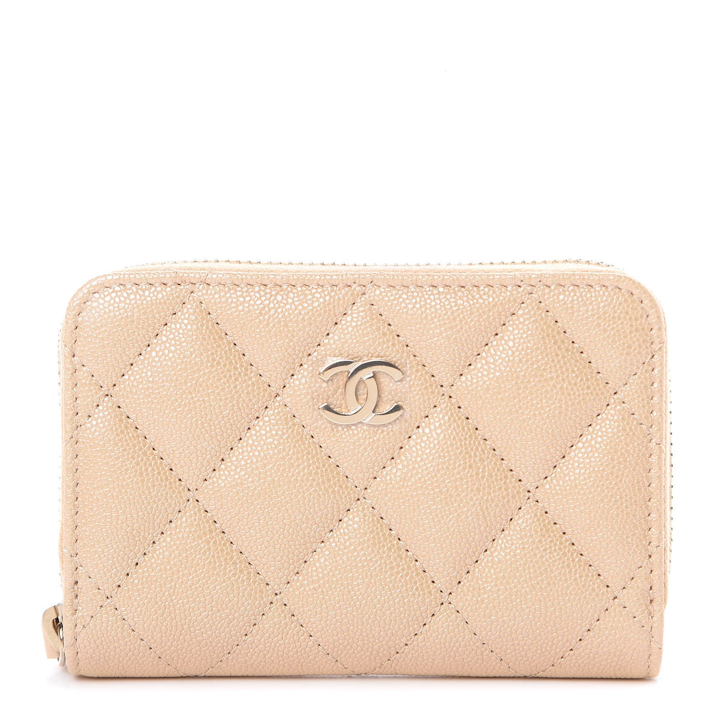 Iridescent Caviar Quilted Zip Around Coin Purse Beige