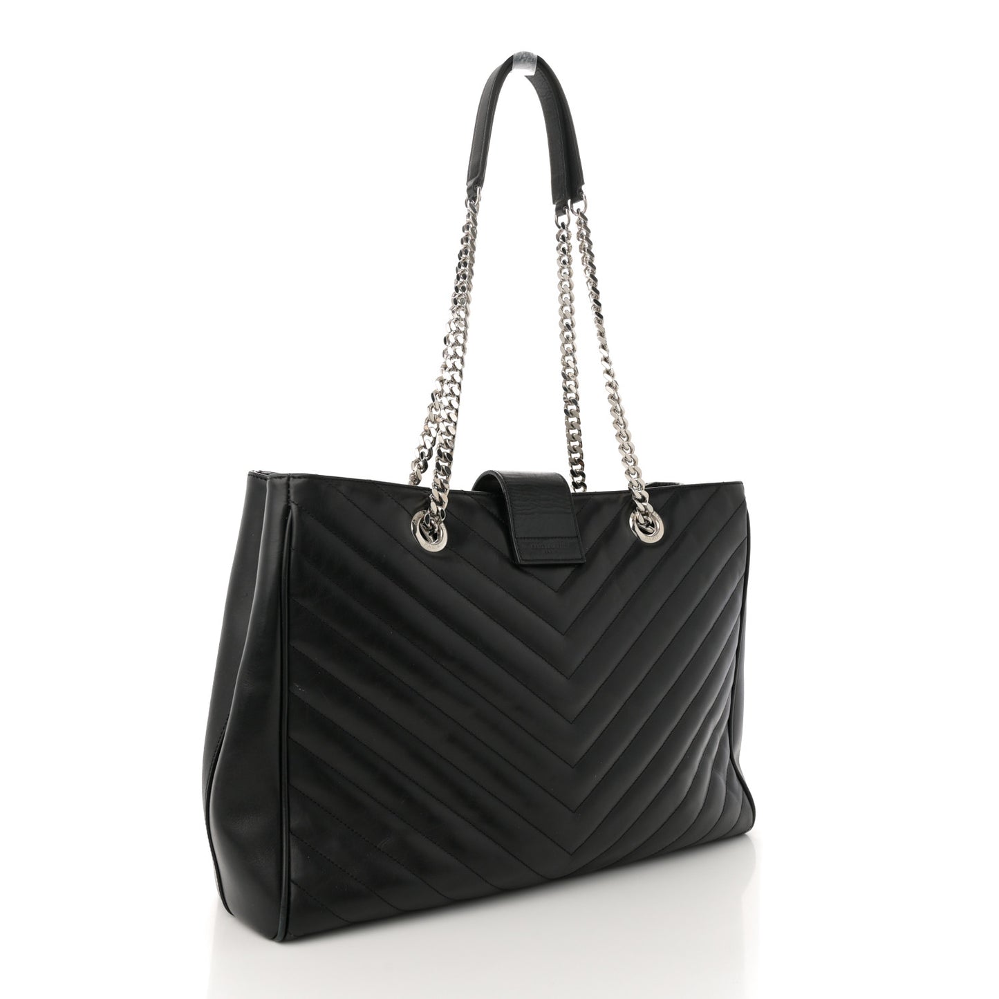 Smooth Calfskin Matelasse Chevron Large Monogram Shopping Bag Black