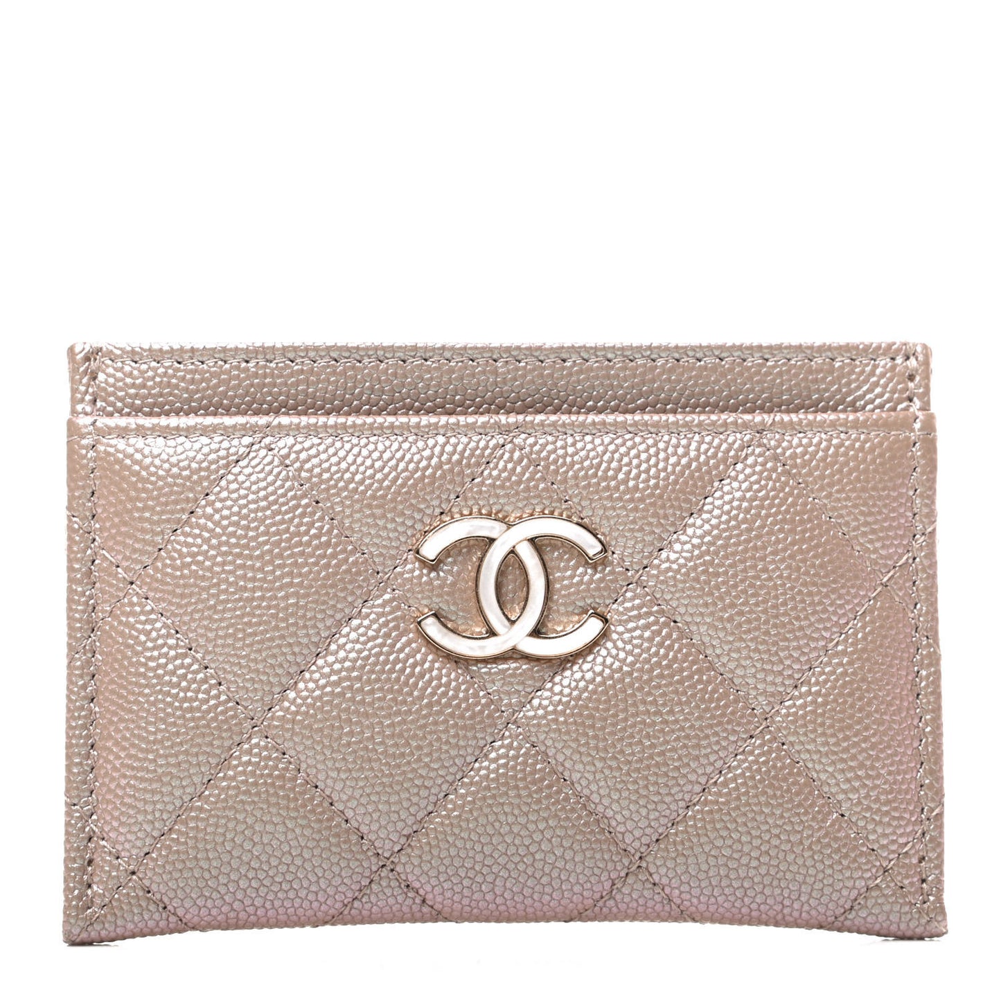 Iridescent Caviar Quilted Card Holder Beige