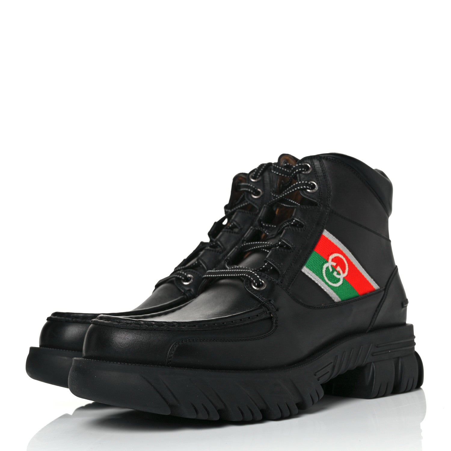 Gucci Quebec Calfskin Web Mens Interlocking G Lace Up Combat Boots 10 Black Mystic White Green Red 3 of 8