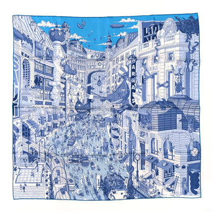 Hermes Silk Le Grand Prix du Faubourg Scarf 90 Bleu Azur Bleu Jean White 1 of 3