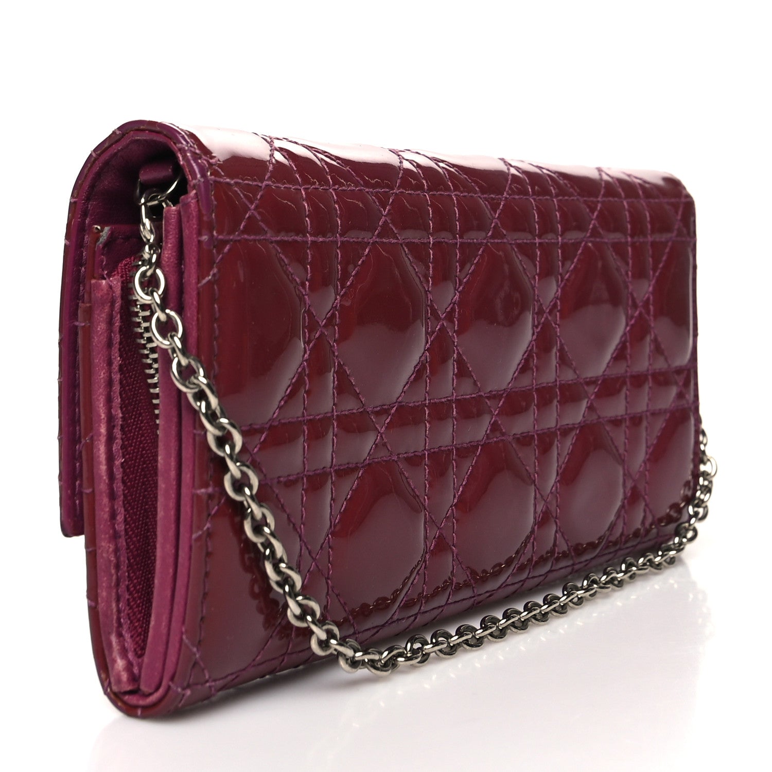 Christian Dior Patent Cannage Lady Dior Rendezvous Wallet On Chain Fuchsia 2 of 15