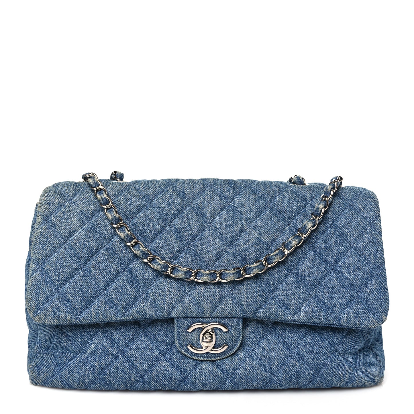 Denim Quilted CC Print Jumbo Single Flap Blue