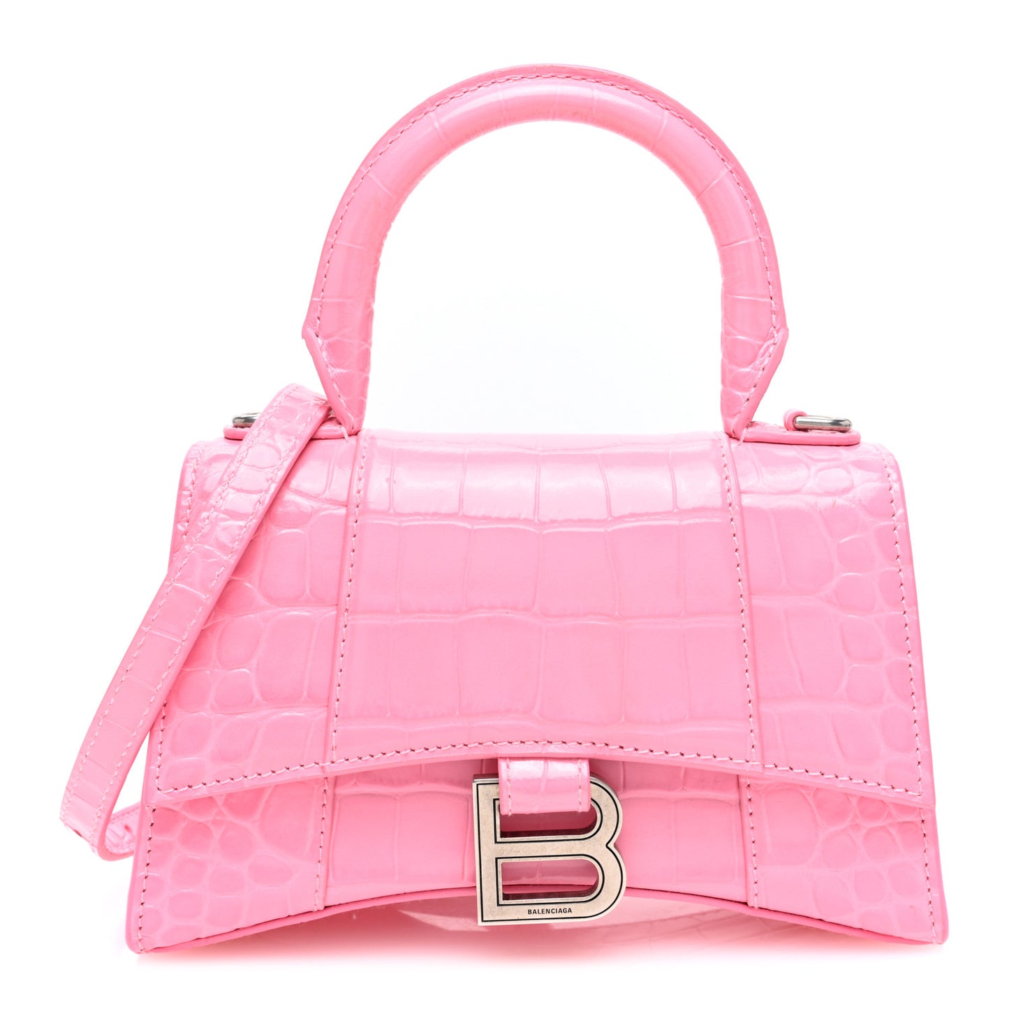 Shiny Calfskin Crocodile Embossed Hourglass Top Handle Bag XS Sweet Pink