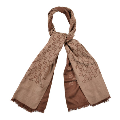 Gucci Wool Silk GG Monogram Fringe Scarf Brown 1 of 4