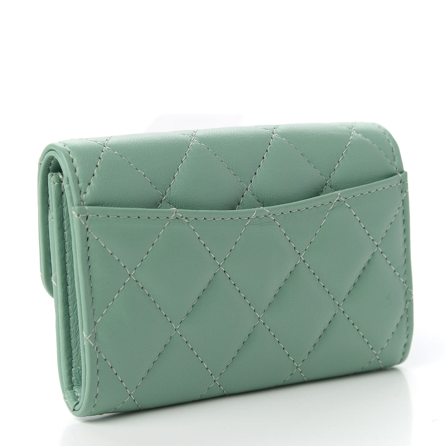 Lambskin Quilted Flap Card Holder Wallet Green