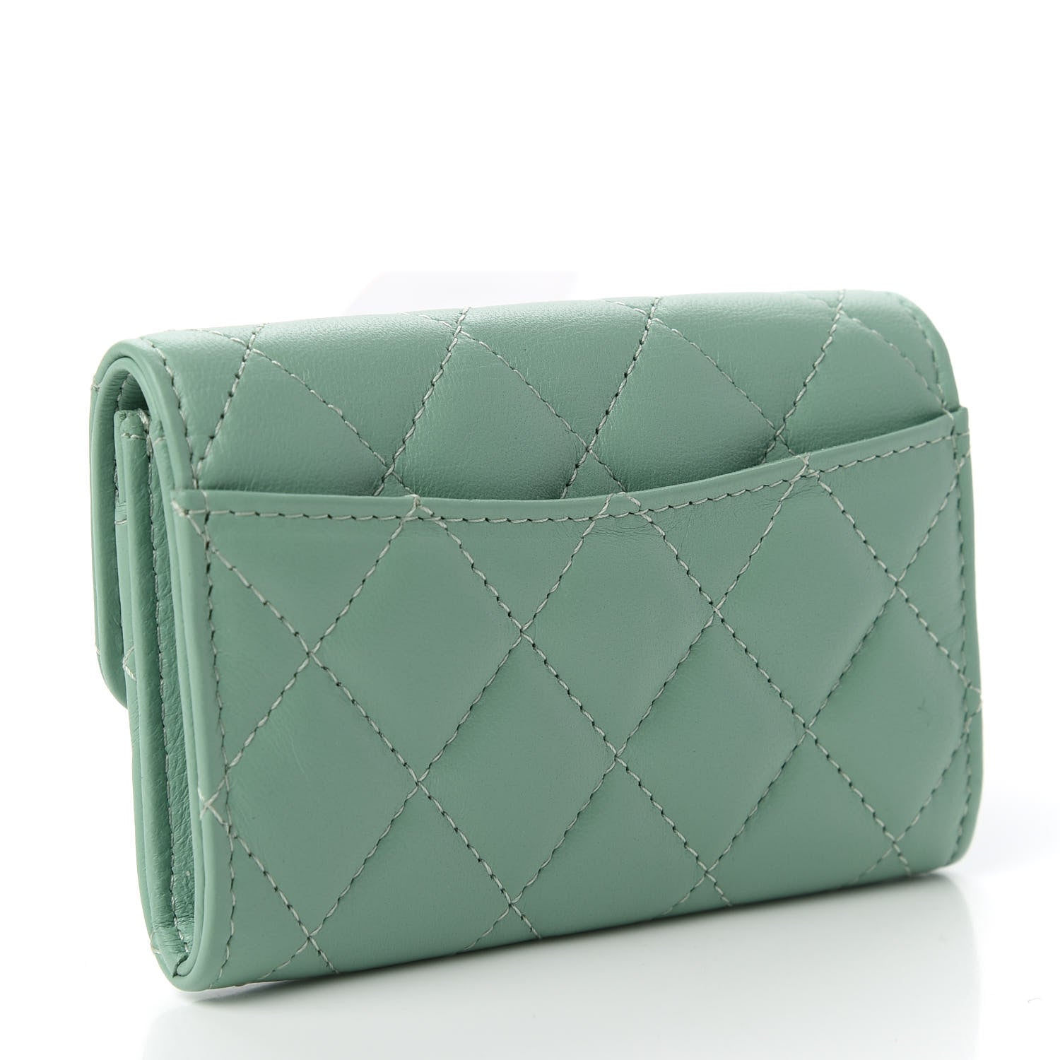 Chanel Lambskin Quilted Flap Card Holder Wallet Green 3 of 12