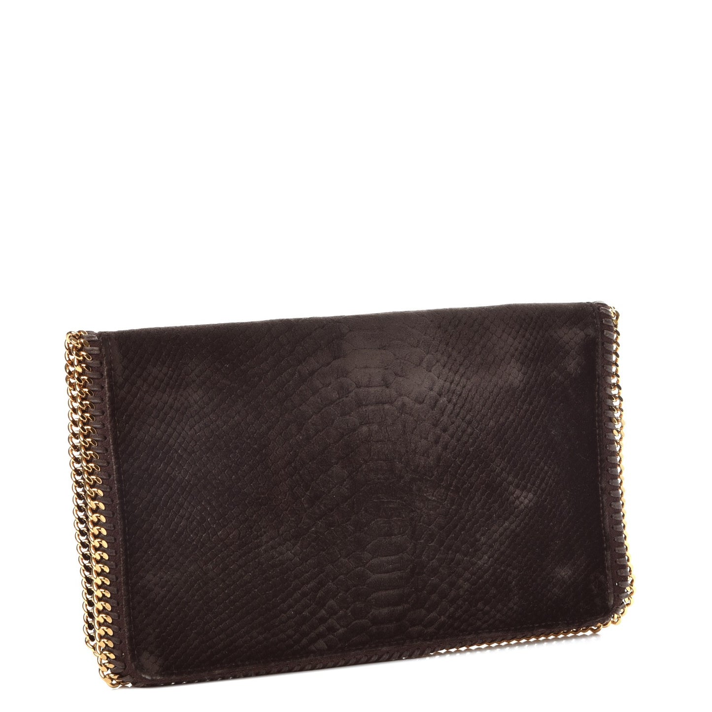 Snake Embossed Velvet Falabella Fold Over Clutch Brown
