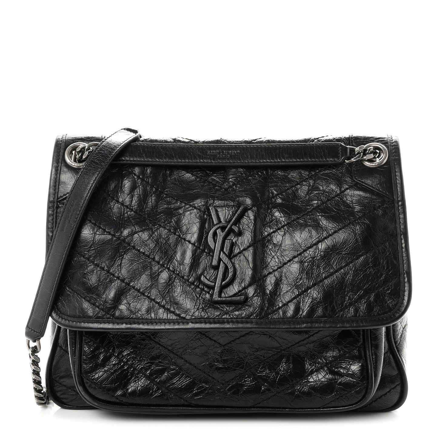 Crinkled Calfskin Matelasse Monogram Medium Niki Chain Satchel Black