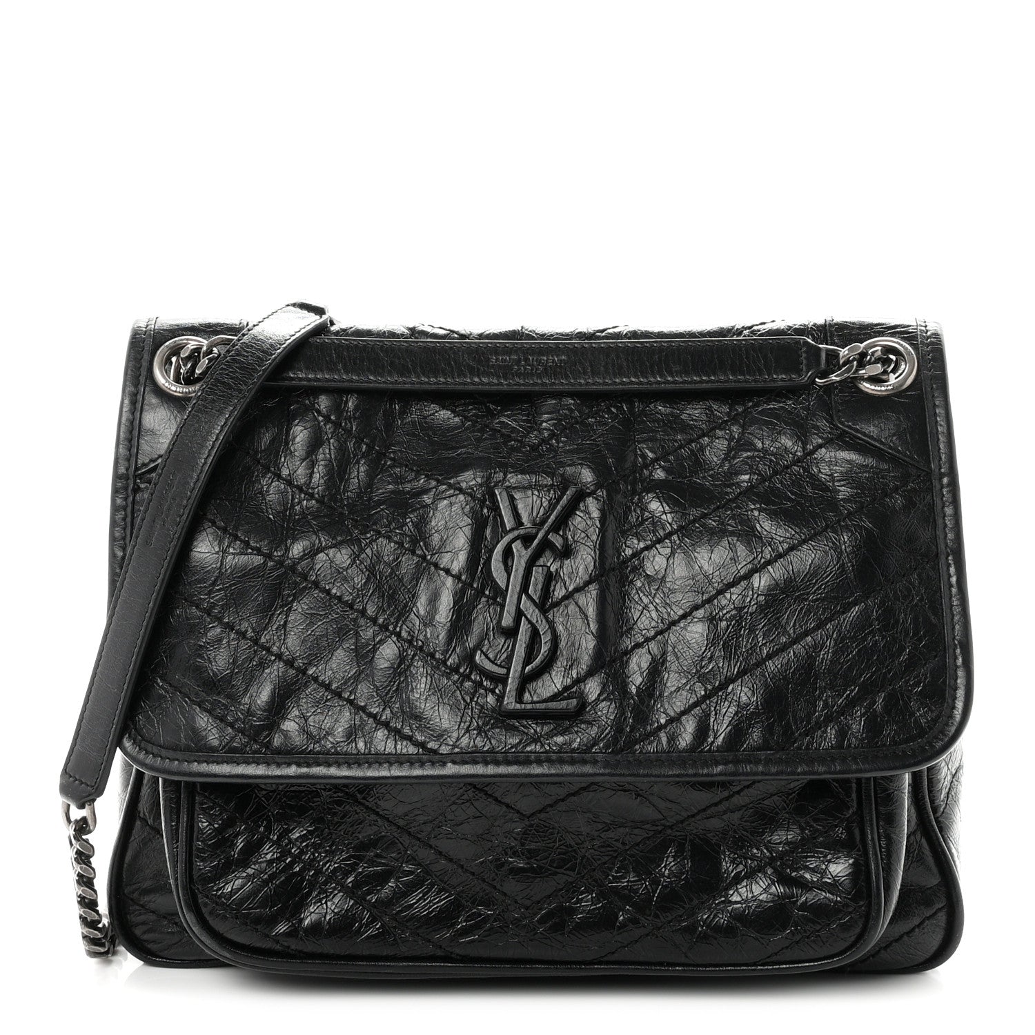 Saint Laurent Crinkled Calfskin Matelasse Monogram Medium Niki Chain Satchel Black 1 of 10
