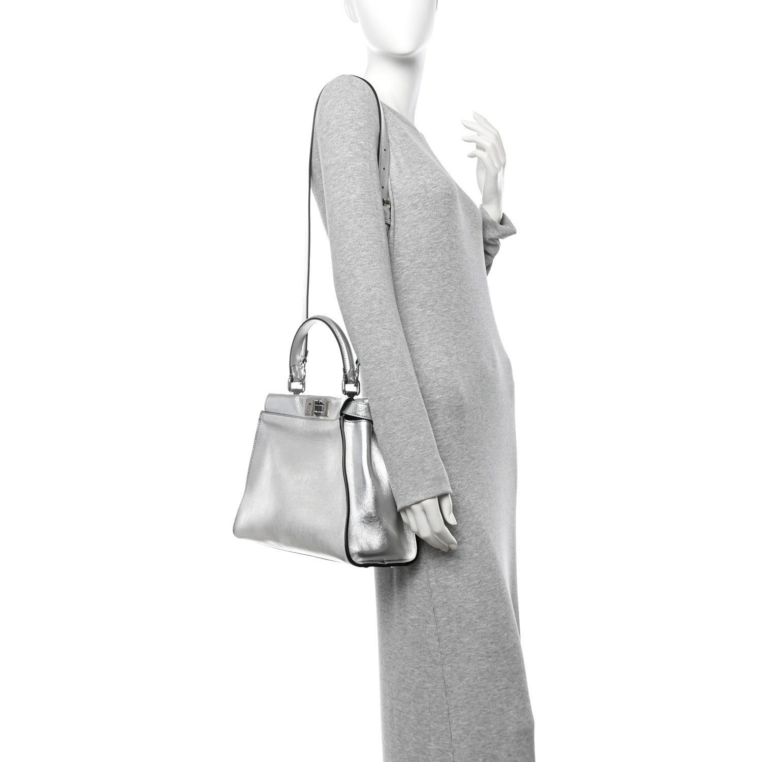 Fendi Vitello Catalan Mirror Medium Peekaboo Iconic Satchel Argento 2 of 10