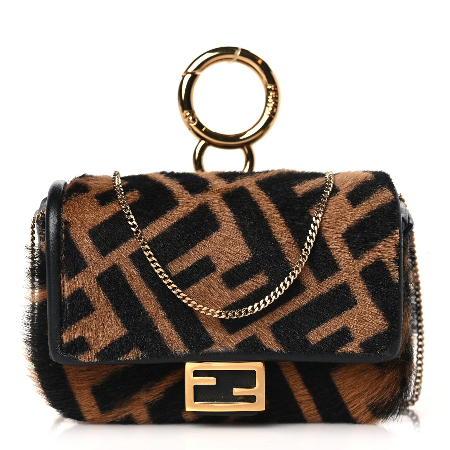 Sheared Sheepskin Vitello King FF Nano Baguette Charm Tobacco Moro Black