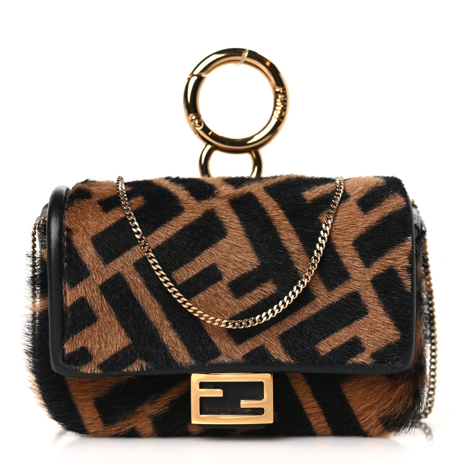 Fendi Sheared Sheepskin Vitello King FF Nano Baguette Charm Tobacco Moro Black 1 of 8