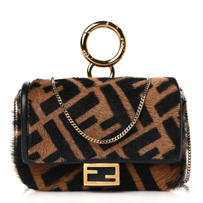 Fendi Sheared Sheepskin Vitello King FF Nano Baguette Charm Tobacco Moro Black 1 of 8
