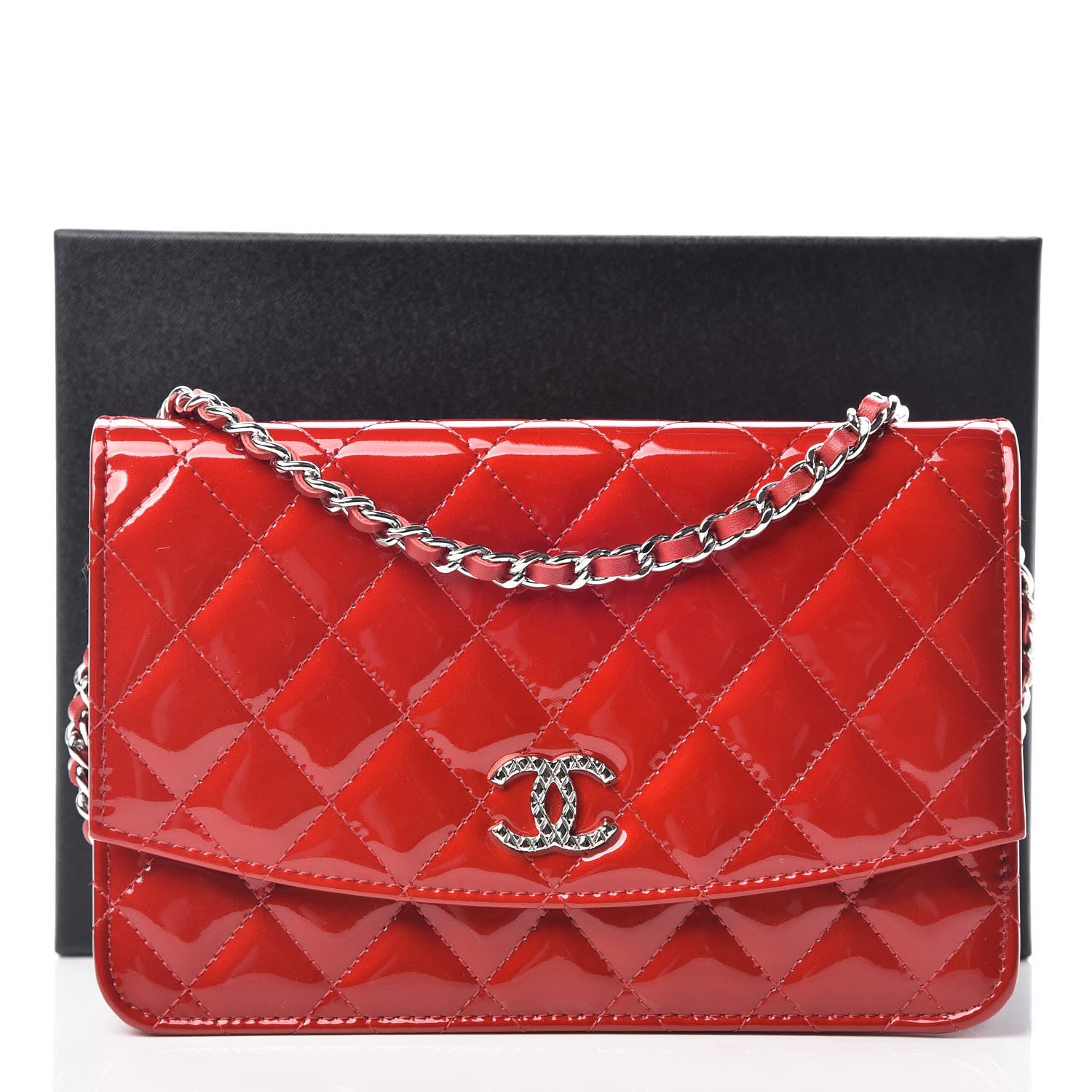 Chanel Patent Quilted Brilliant Wallet On Chain WOC Red 11 of 11