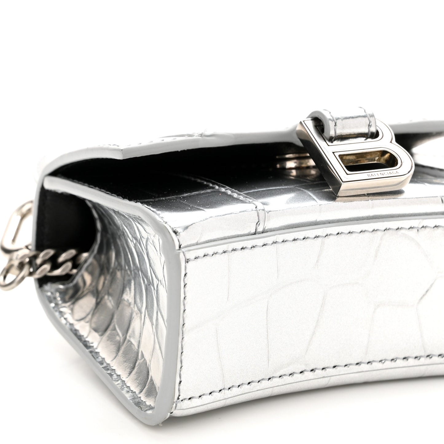 Metallic Calfskin Crocodile Embossed Hourglass Top Handle Bag Mini with Chain Silver