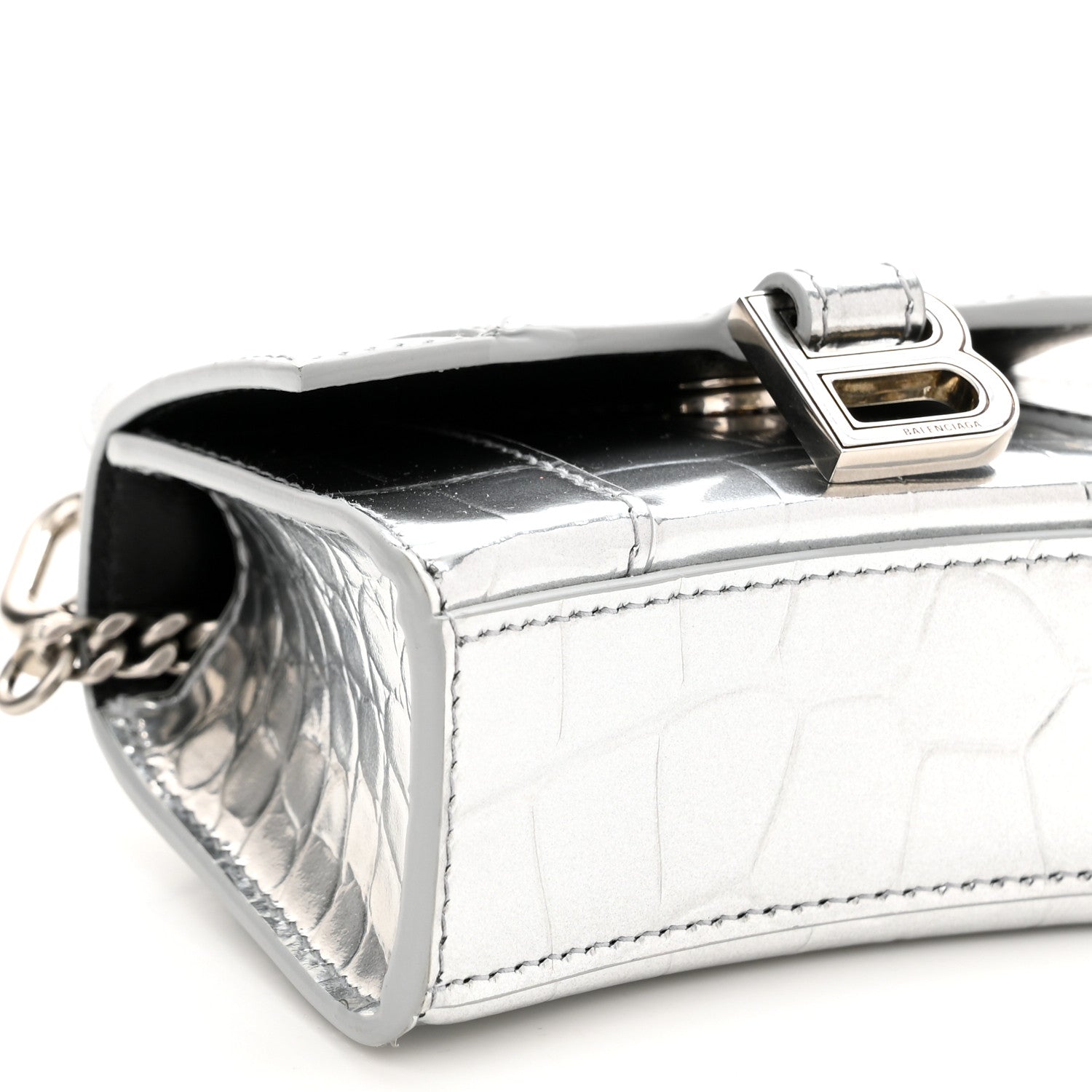 Balenciaga Metallic Calfskin Crocodile Embossed Hourglass Top Handle Bag Mini with Chain Silver 7 of 8