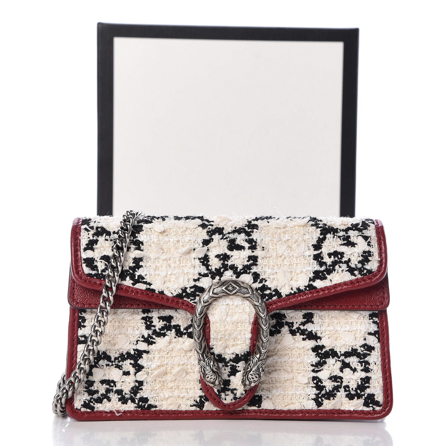 Gucci Tweed GG Monogram Super Mini Dionysus Shoulder Bag White Black Romantic Cherry 10 of 10