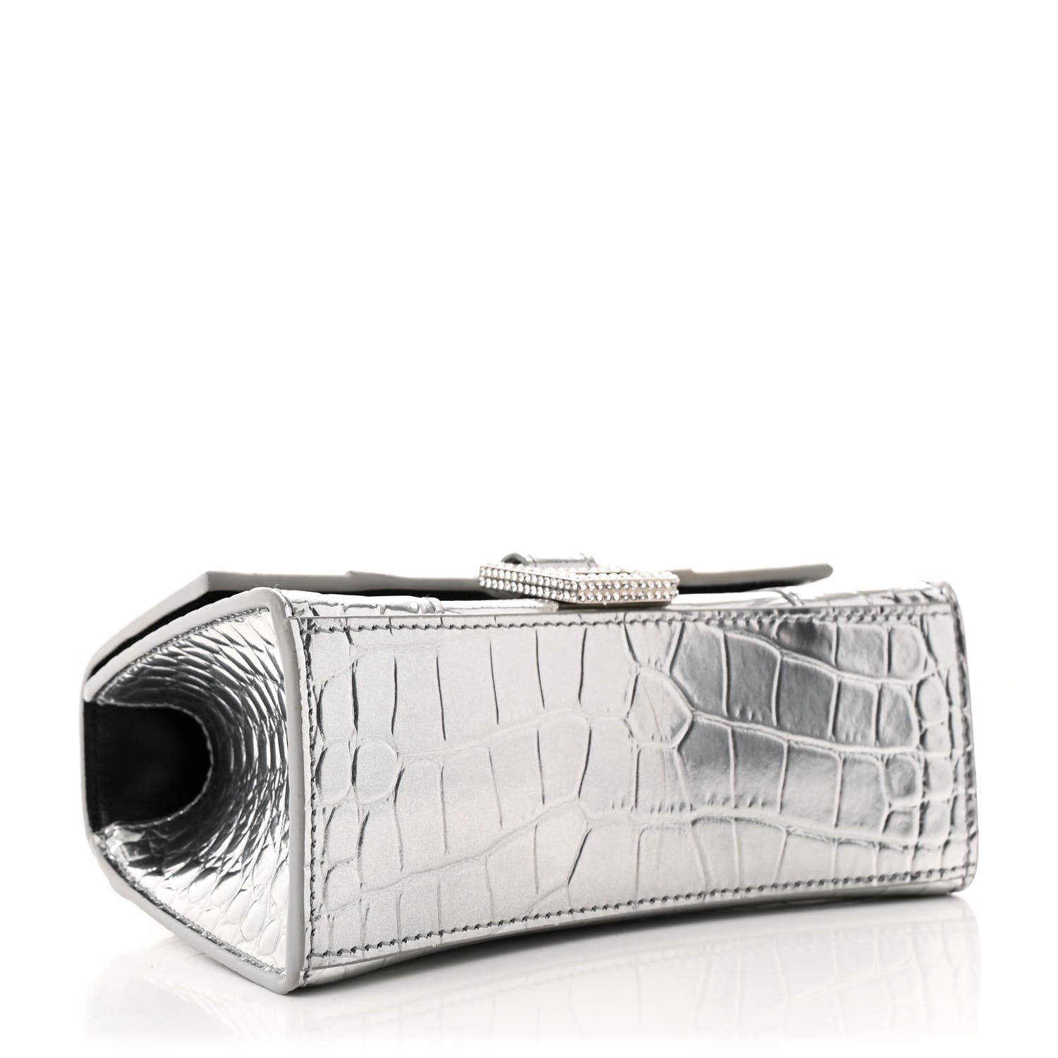 Balenciaga Metallic Calfskin Crocodile Embossed Crystal Hourglass Top Handle Bag XS Silver 4 of 11