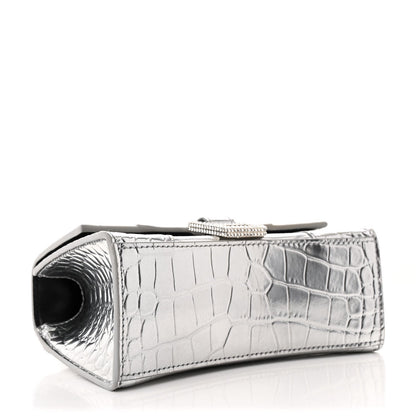 Balenciaga Metallic Calfskin Crocodile Embossed Crystal Hourglass Top Handle Bag XS Silver 4 of 11