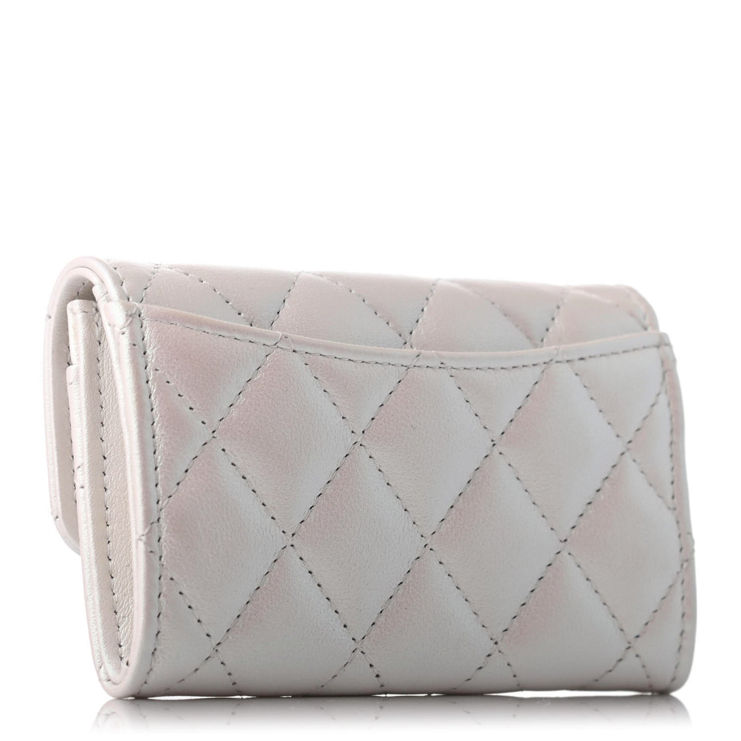 Iridescent Lambskin Quilted Flap Card Holder Wallet Ivory