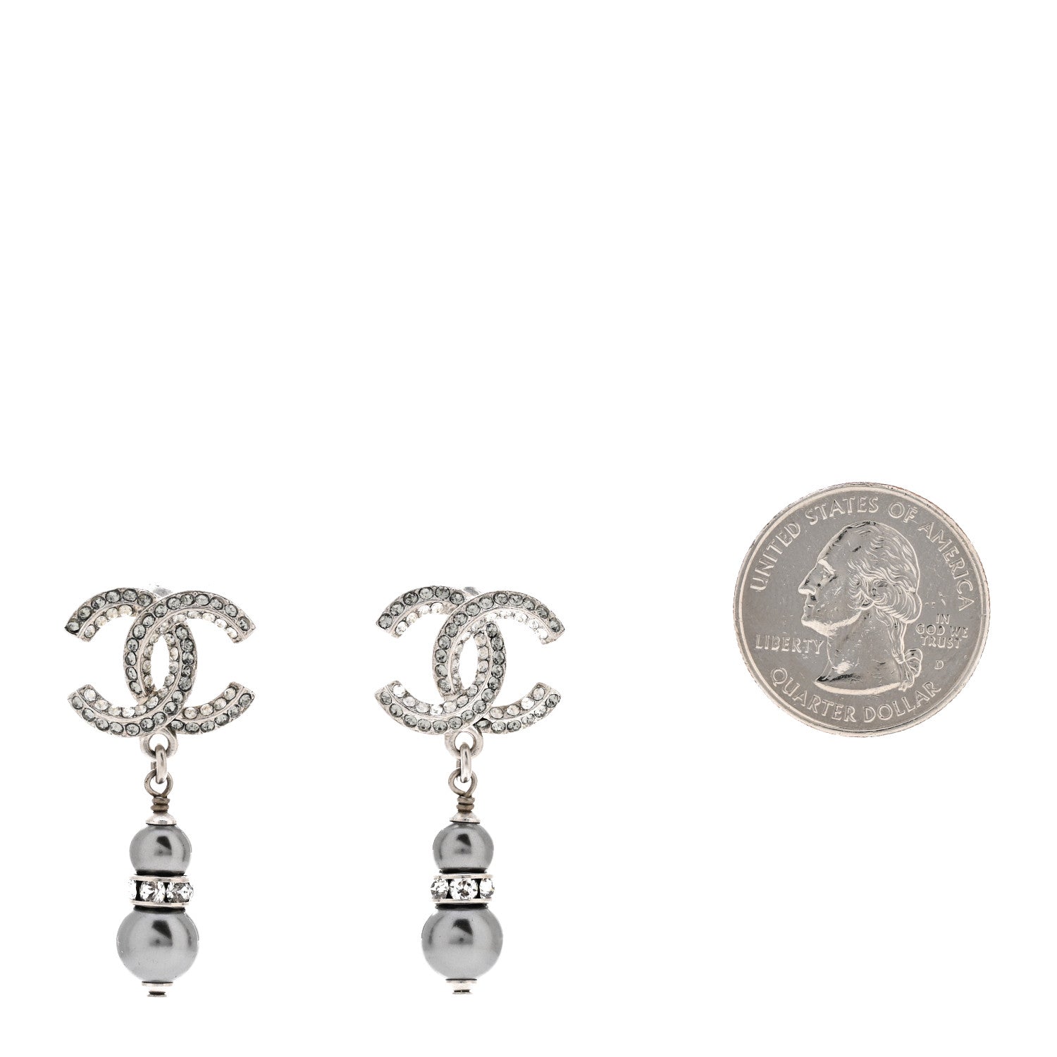 Chanel Crystal Pearl CC Drop Earrings Silver Grey 2 of 5