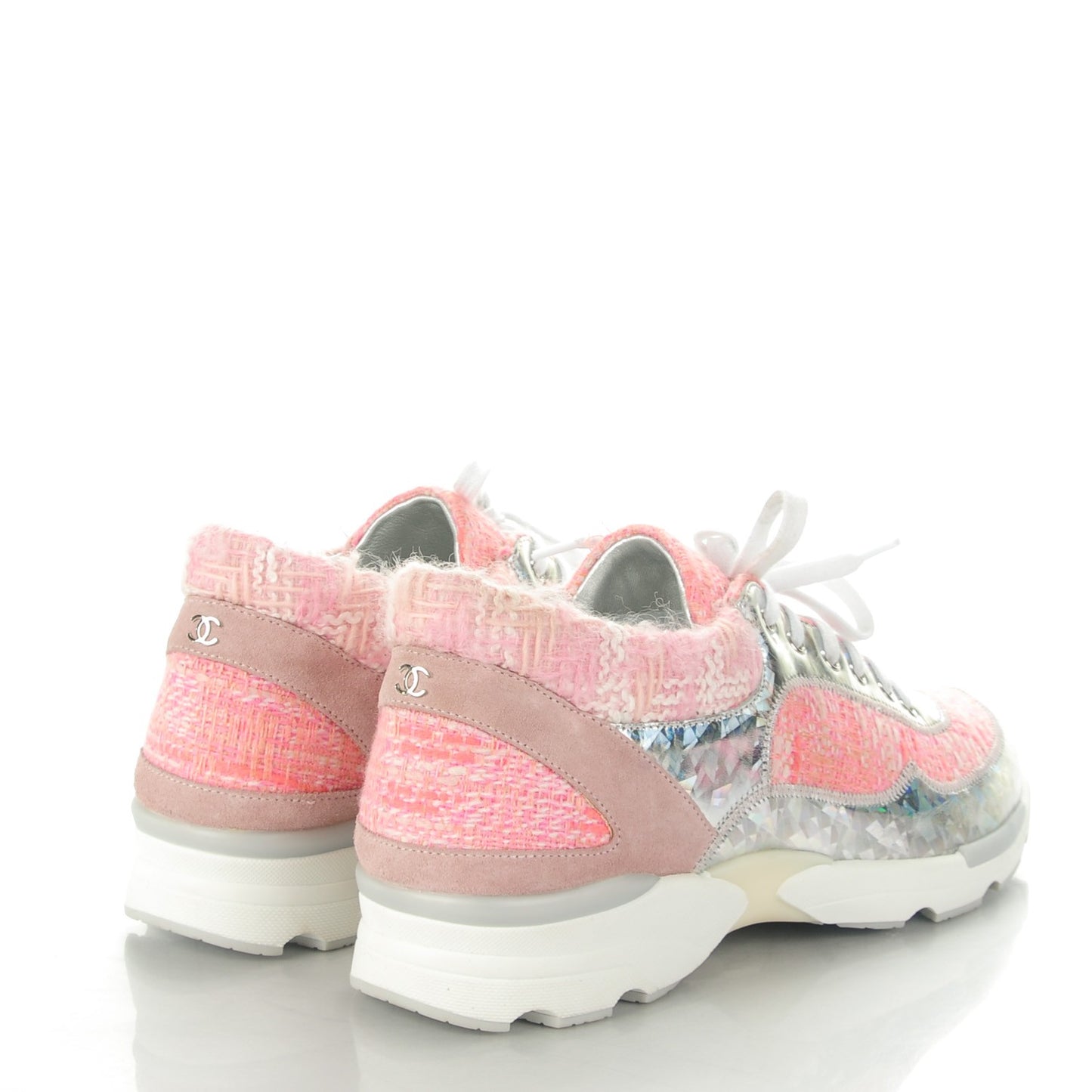 Tweed Suede Calfskin Sneakers 38.5 Silver Pink