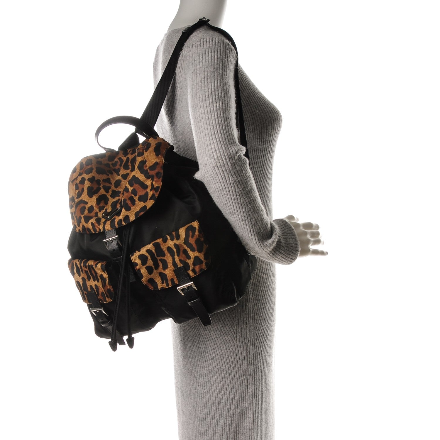 Prada Tessuto Nylon Leopard Print Backpack Black Miele 2 of 8