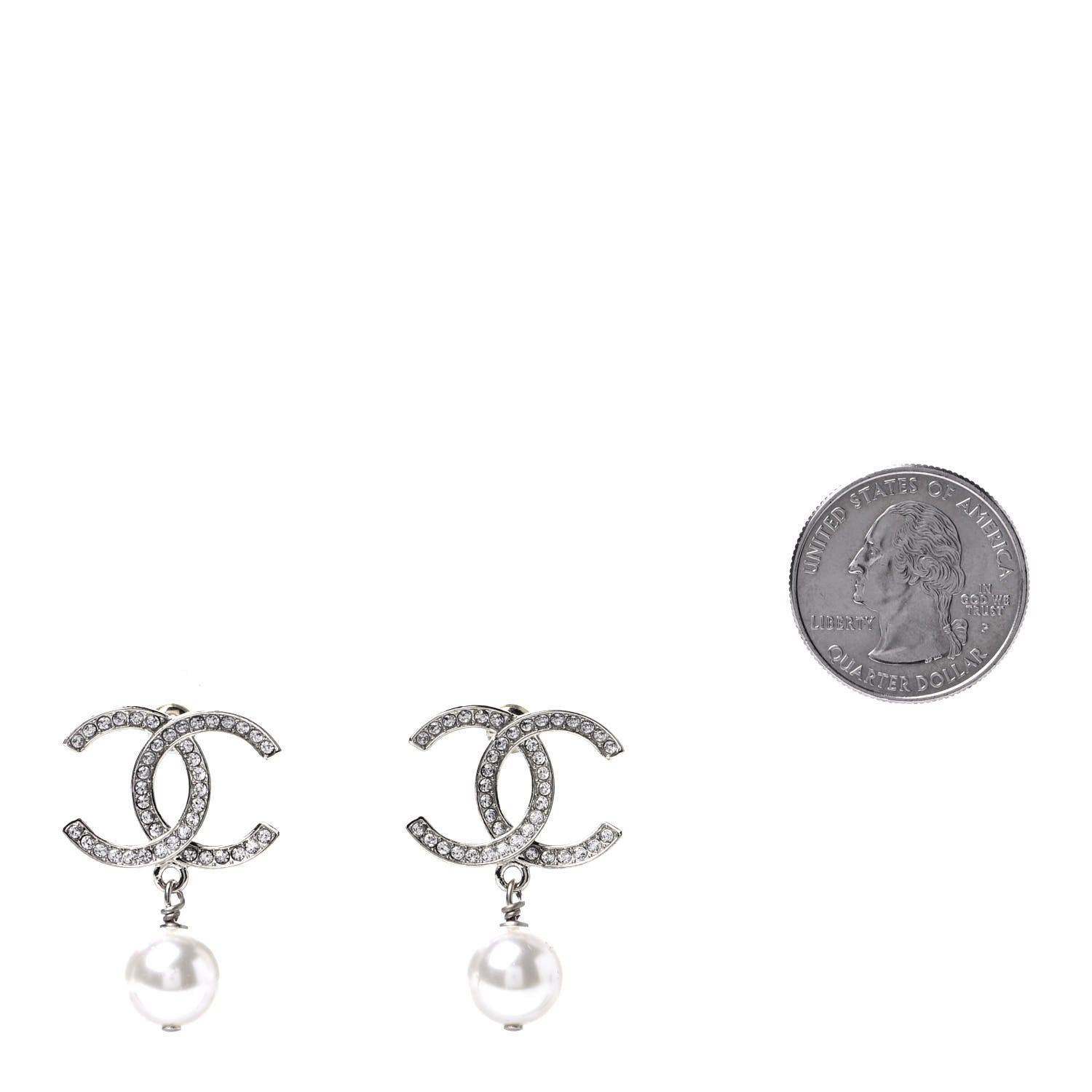Chanel Crystal Pearl CC Drop Earrings Silver 2 of 5