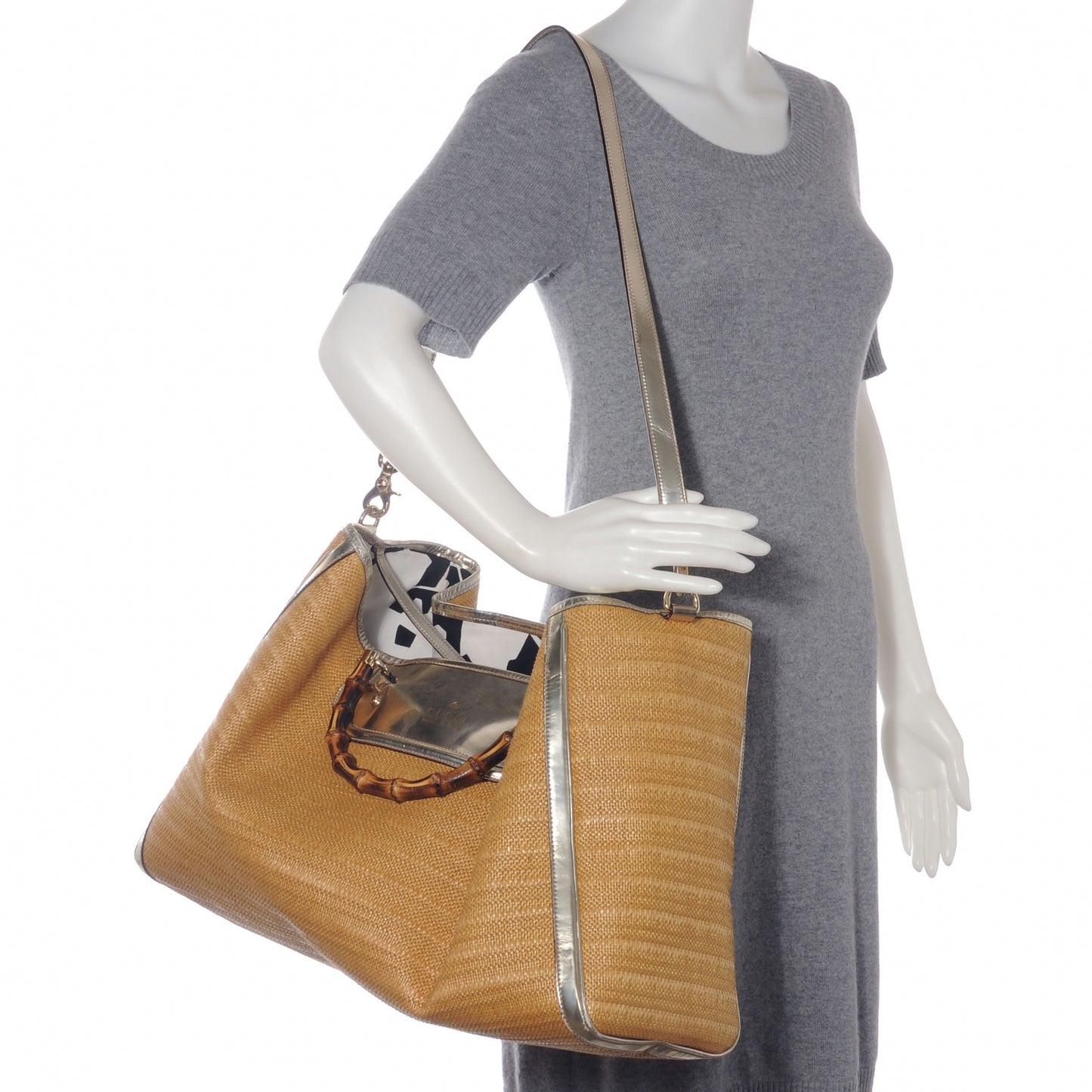 Straw Bamboo Handle Tote Silver