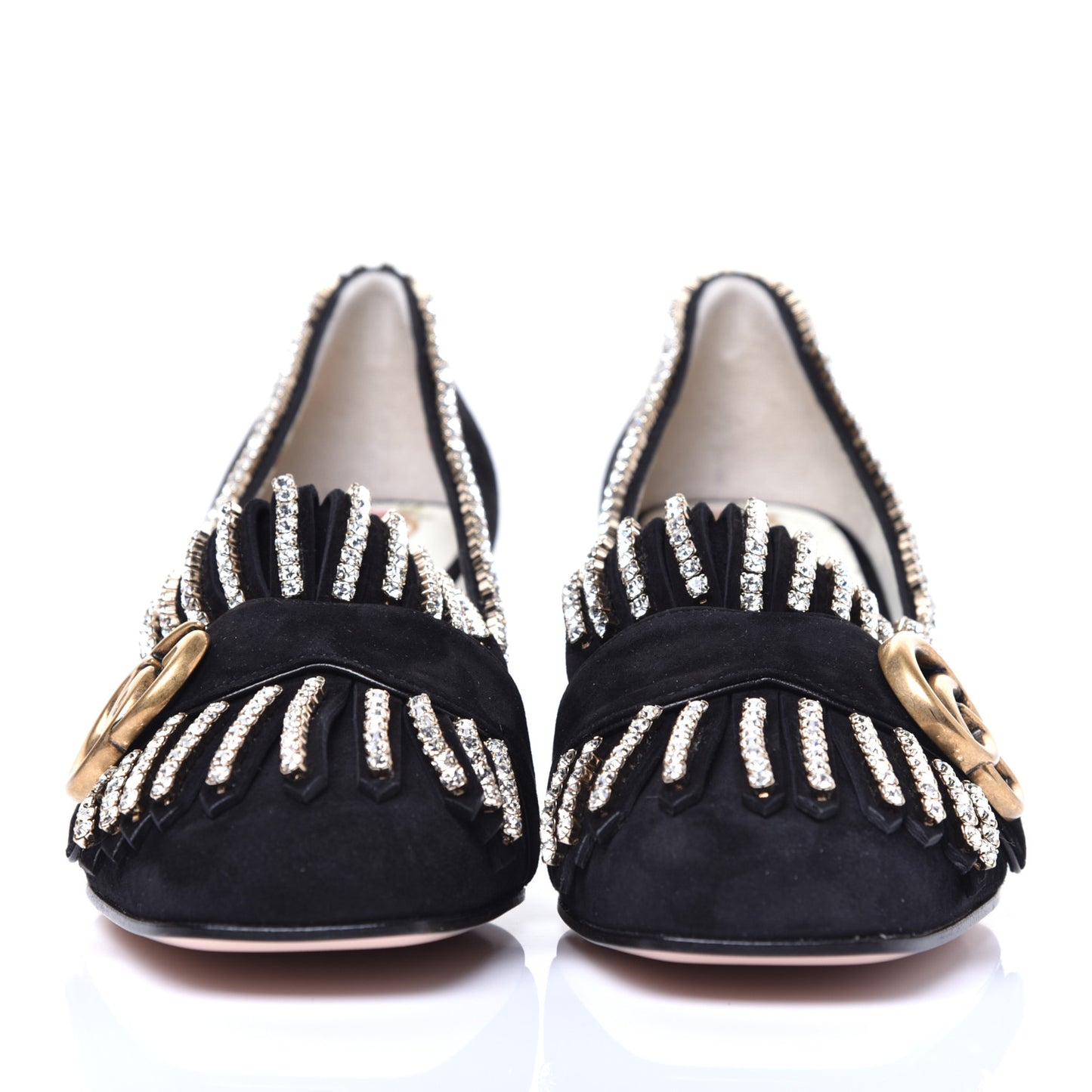 Kid Scamosciato Crystal GG Marmont Fringe 50mm Loafer Pumps 35 Black