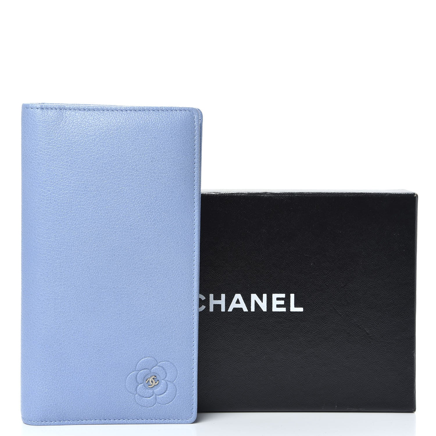 Chanel Goatskin Camellia Embossed Yen Wallet Blue 11 of 13