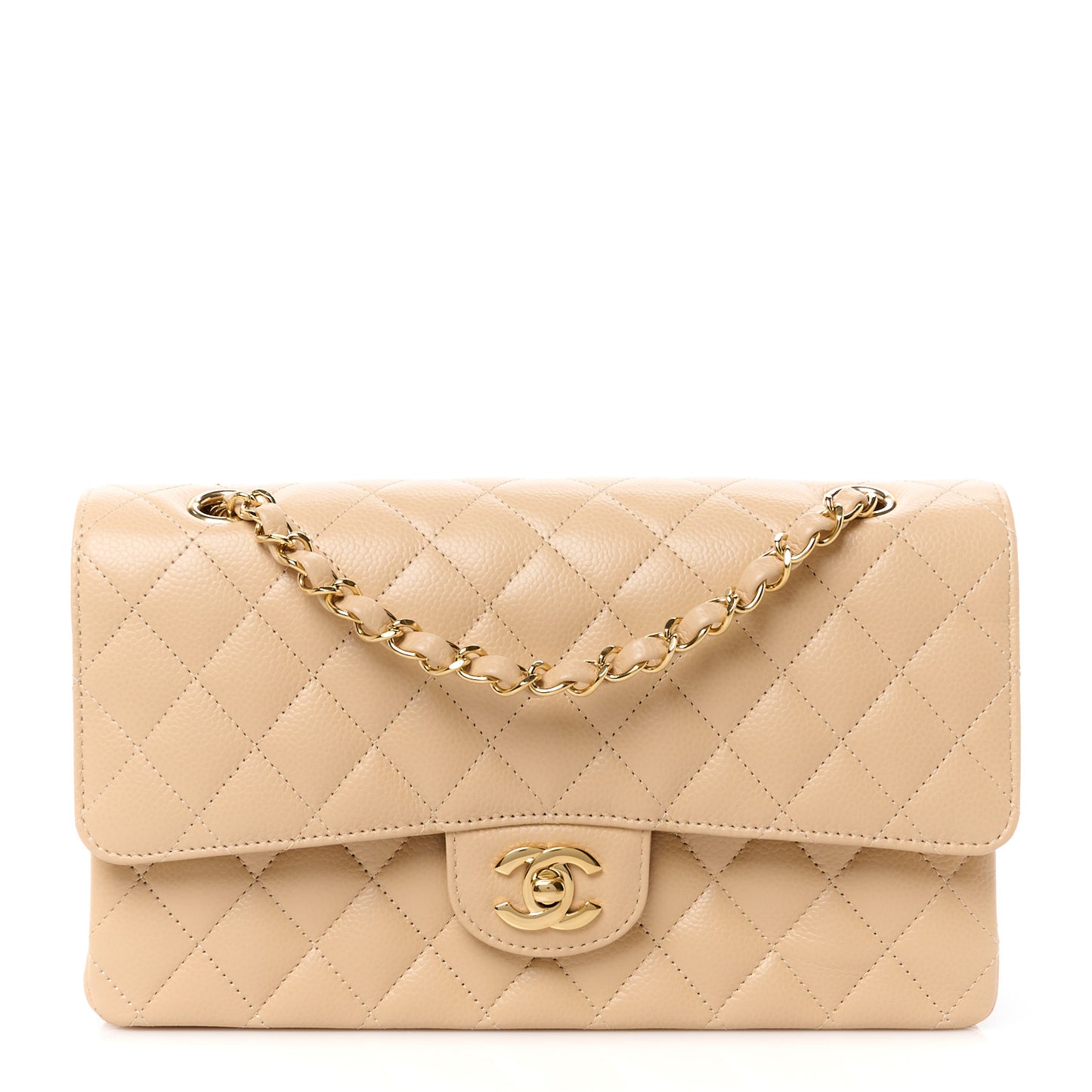 Caviar Quilted Medium Double Flap Beige